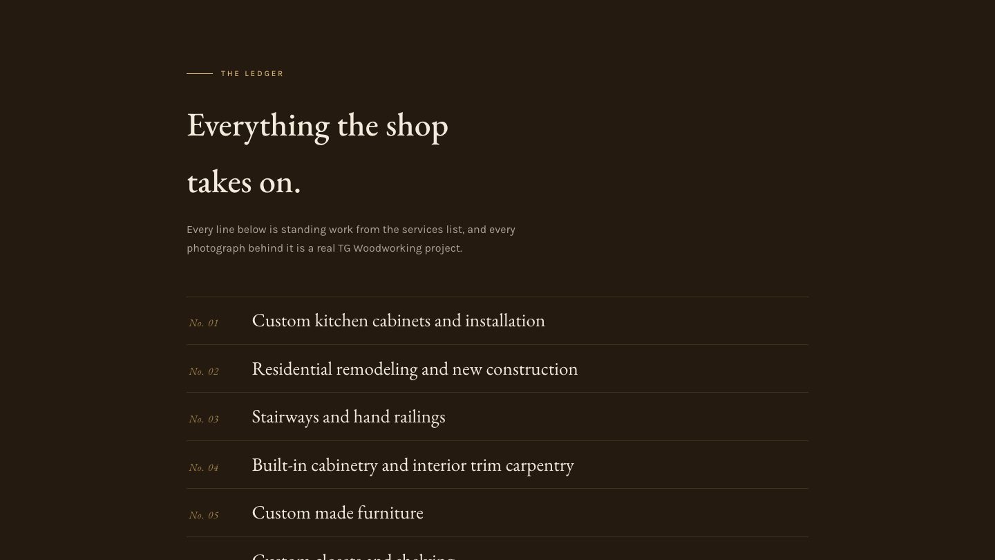The services ledger section of the new homepage